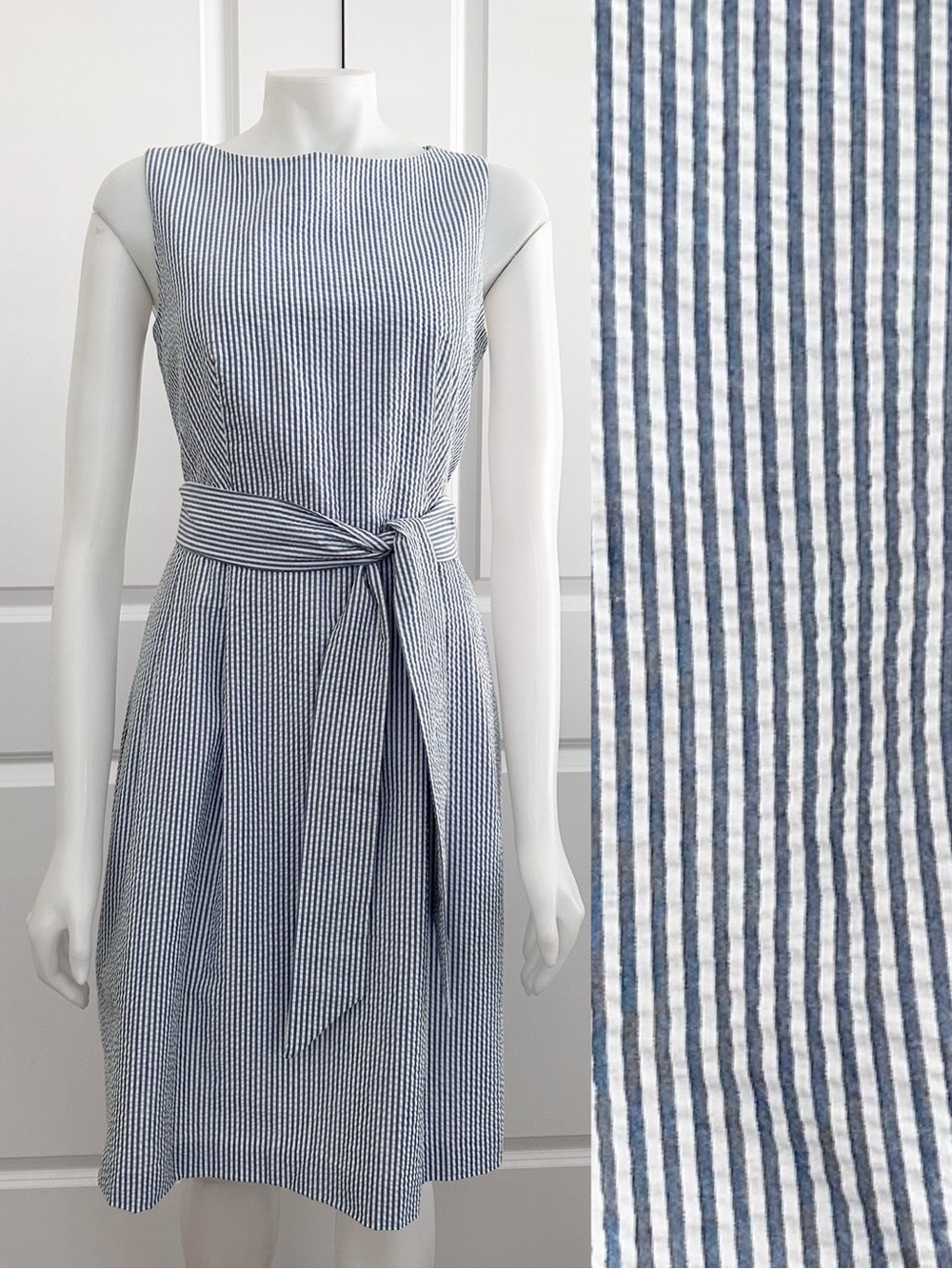 Blue & White Striped Seersucker Sleeveless Summer Midi Dress- 4th of July